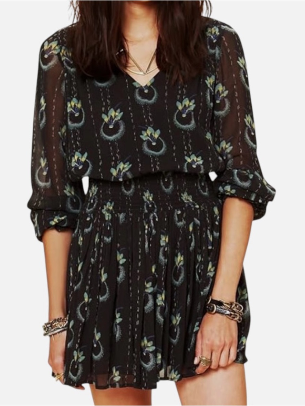 Free People  Wild Horses Mini Dress Black Peacock Print Smocked Waist XS